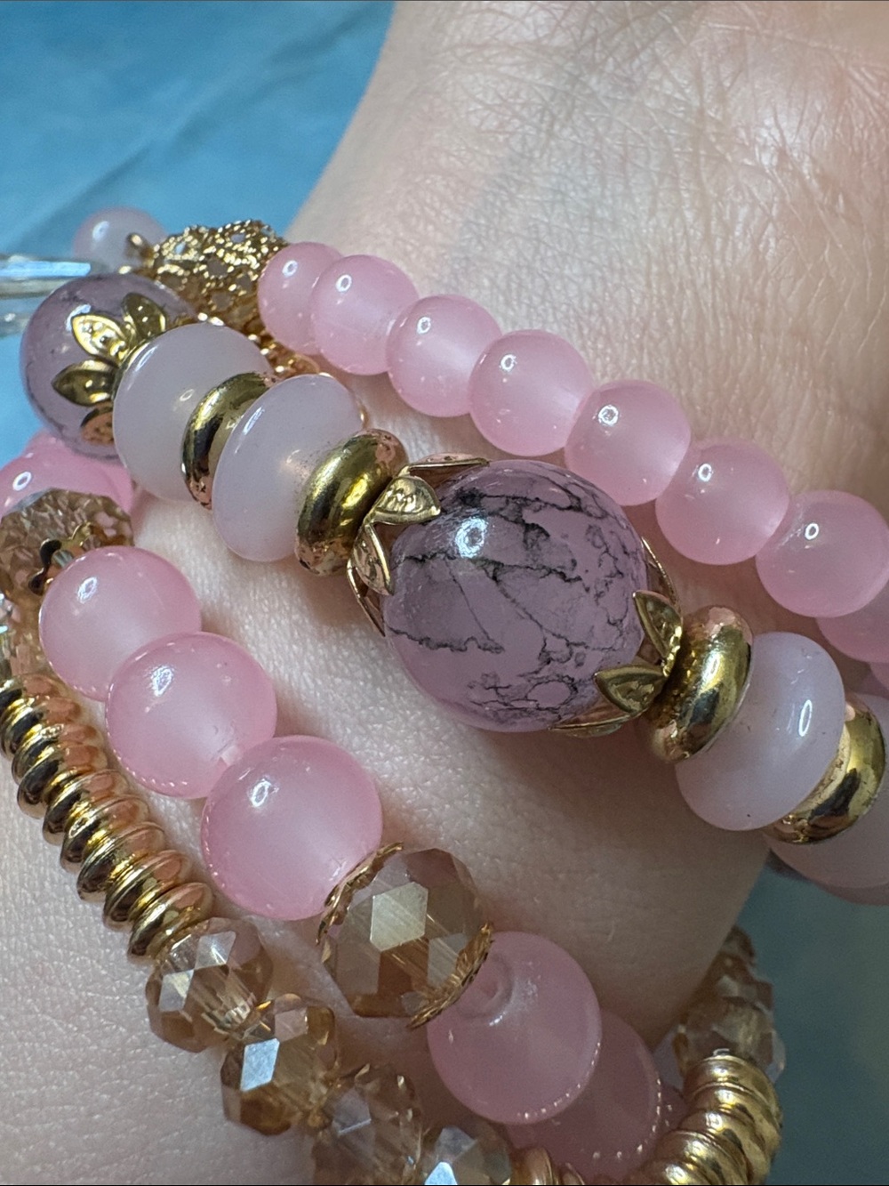 Pink & Gold Beaded Bracelet Set of 4 - Picture 3 of 3